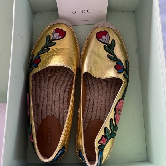 Gucci Pilar Floralembroidered Metallic Leather Espadrilles - Picture 1 of 7